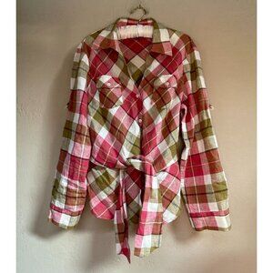 Jones New York Signature Womens Linen Plaid Tie-Front Shirt Large Red Cabincore